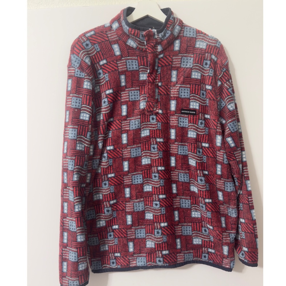 Southern Marsh Fleece Pullover Mens Medium Red Blue Flag Quarter Zip